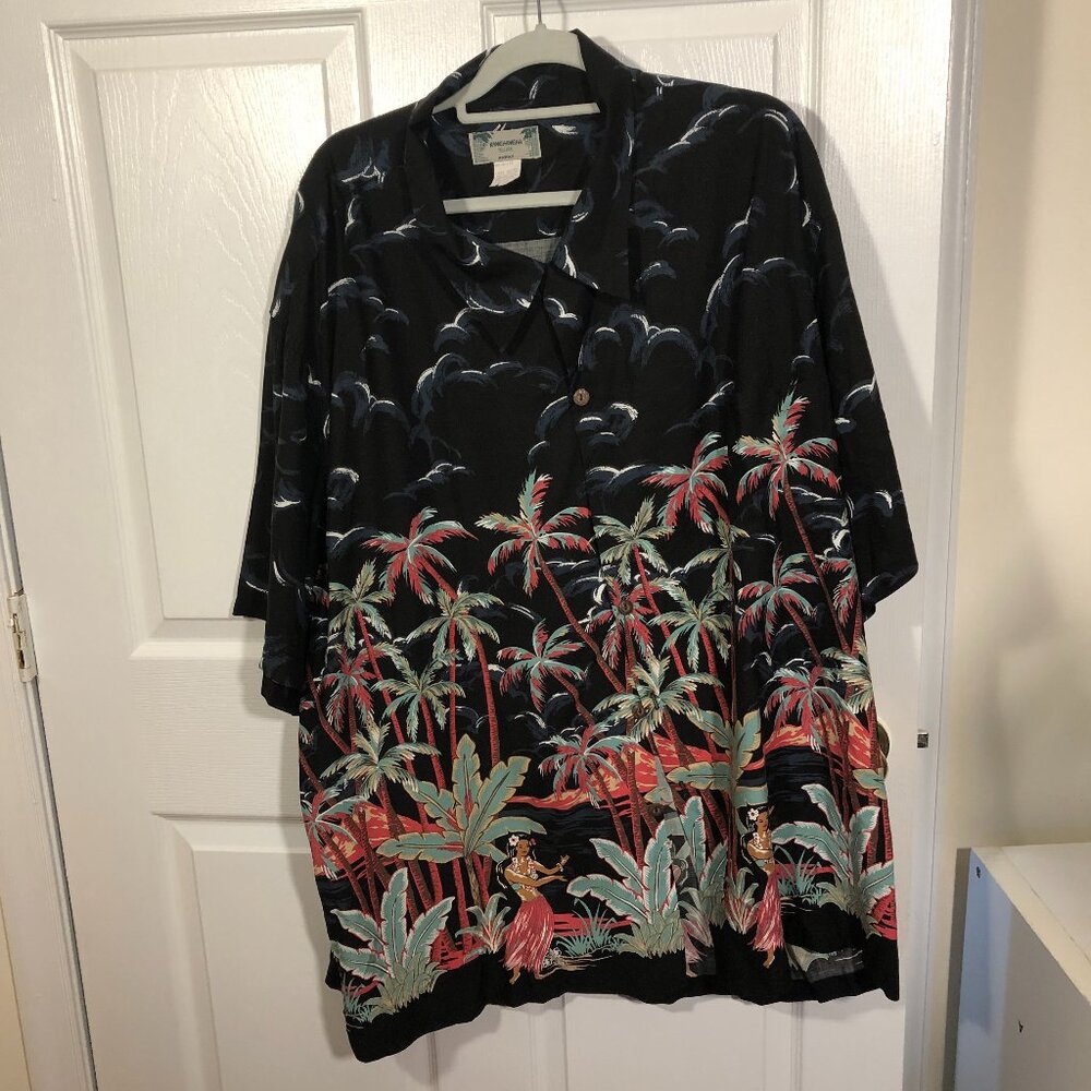 Kamehameha men vintage navy blue with green-red palm tree print, 4XL
